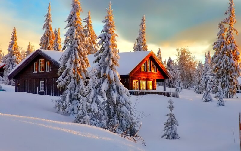 Snow-covered Cabins — White, Serene, Sunset