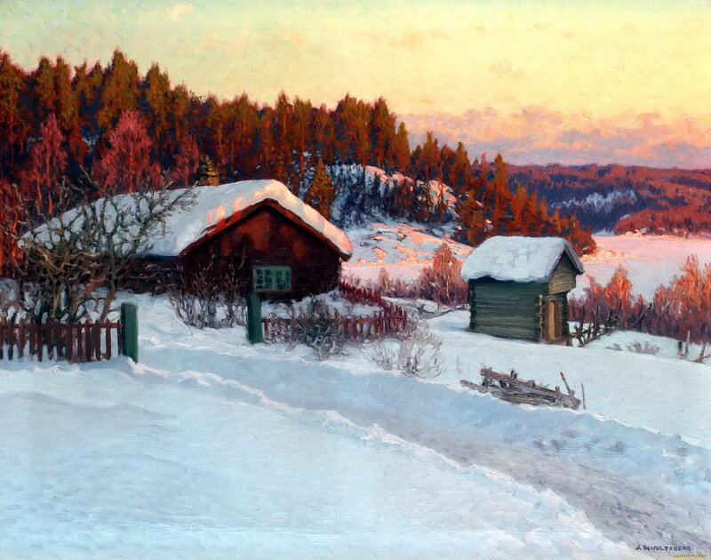 Snow-covered Cabins — White, Serene, Winter, Painting