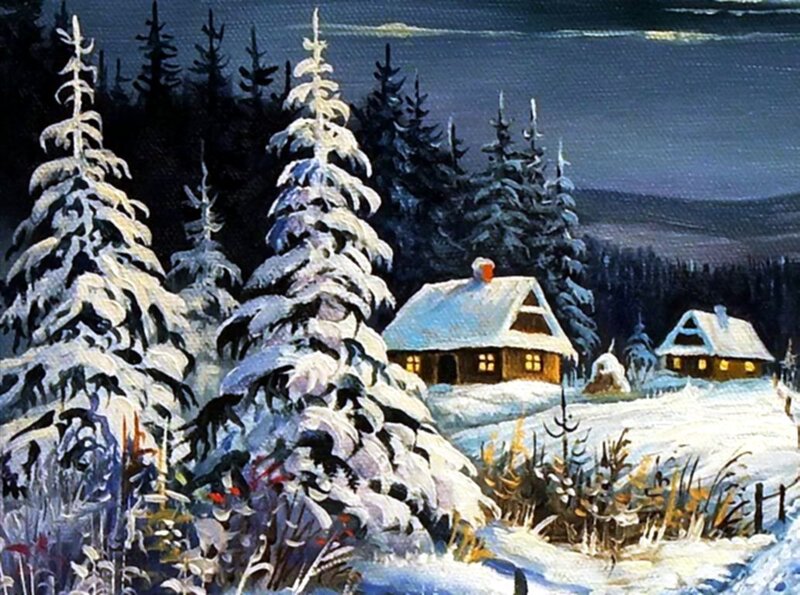 Snow-covered Cabins — White, Serene, Winter, Painting, Trees