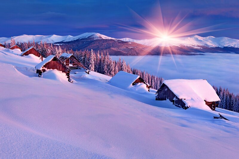 Snow-covered Cabins — White, Serene, Winter, Photograph, Mountains, Forest