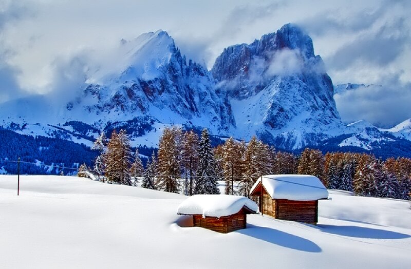 Snow-covered Cabins — White, Serene, Winter, Photograph, Mountains, Trees