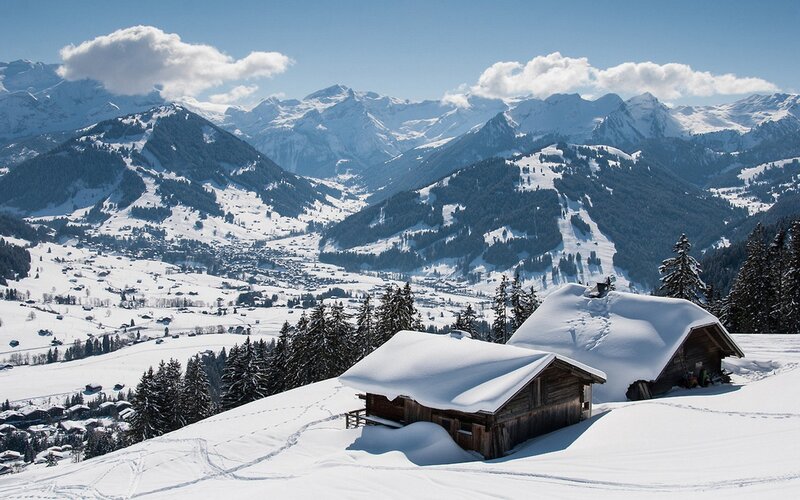 Snow-covered Cabins — White, Serene, Winter, Photograph, Mountains, Trees, Village