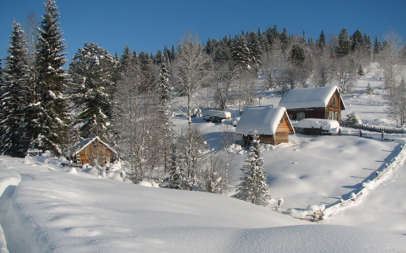 Snow-covered Cabins — White, Serene, Winter, Photograph, Trees, Fences