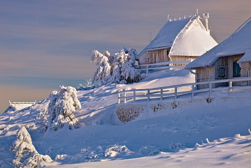 Snow-covered Cabins — White, Serene, Winter