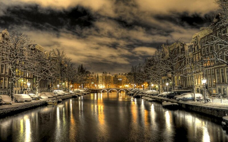 Snow-covered Canal at Night