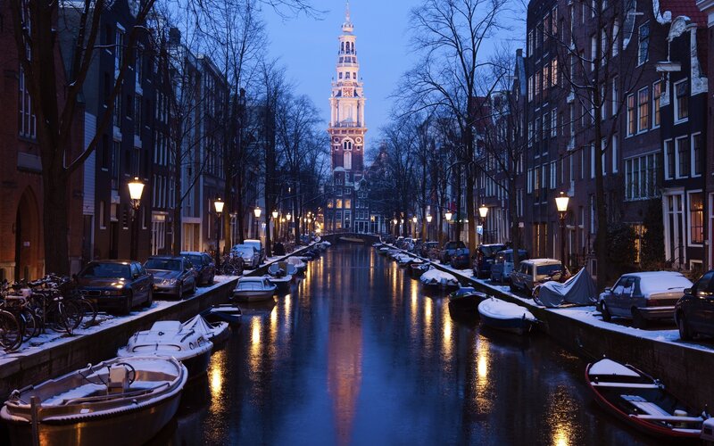 Snow-covered Canal in Amsterdam