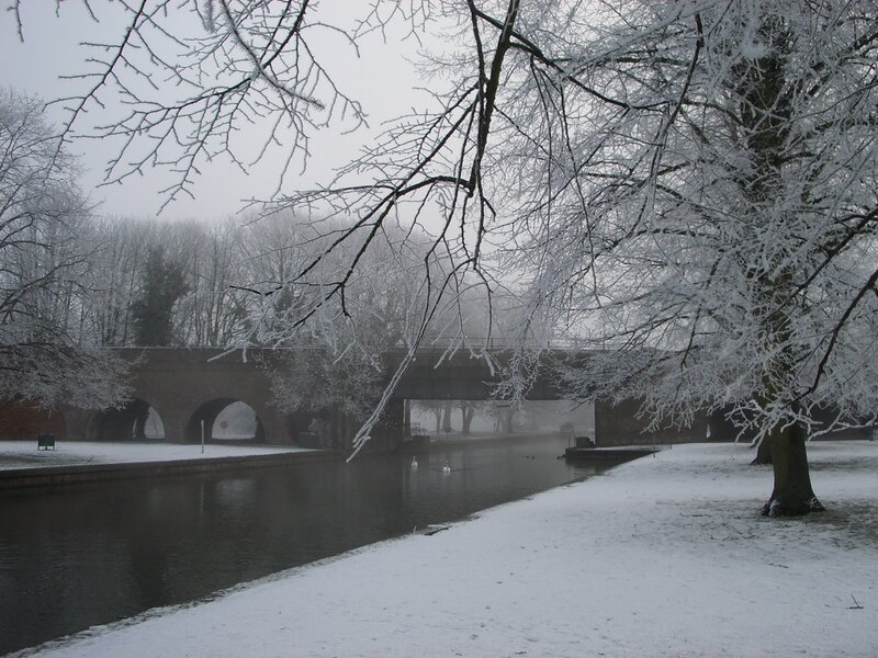 Snow-covered canal in winter