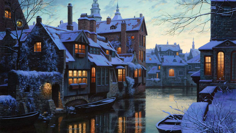 Snow-covered Canal Town — Blue, Serene