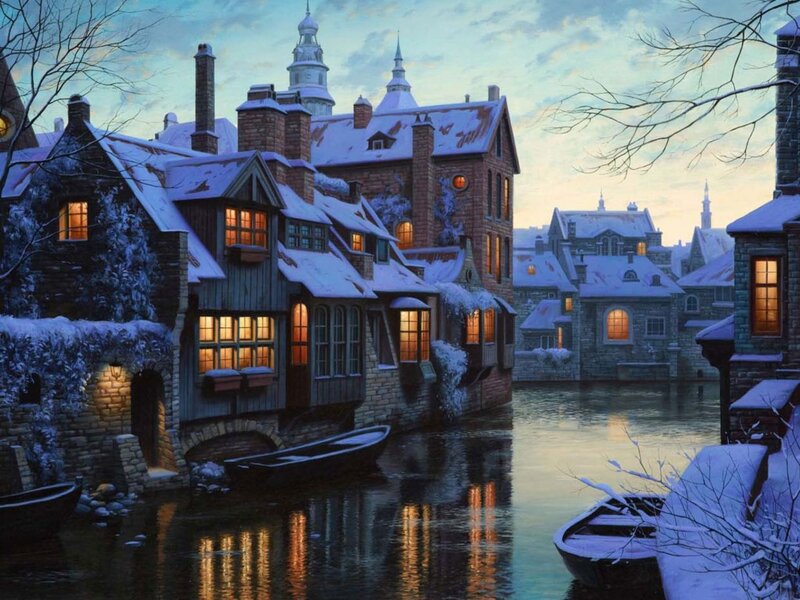 Snow-covered Canal Town — Blue, Serene, Winter, Digital Art, Buildings