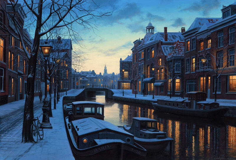 Snow-covered Canal Town — Blue, Serene, Winter