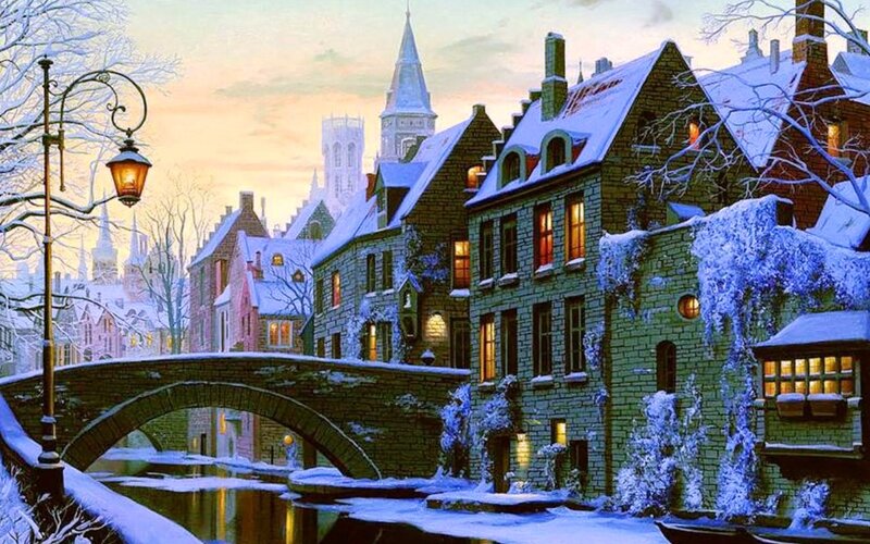 Snow-covered Canal Town — White, Serene
