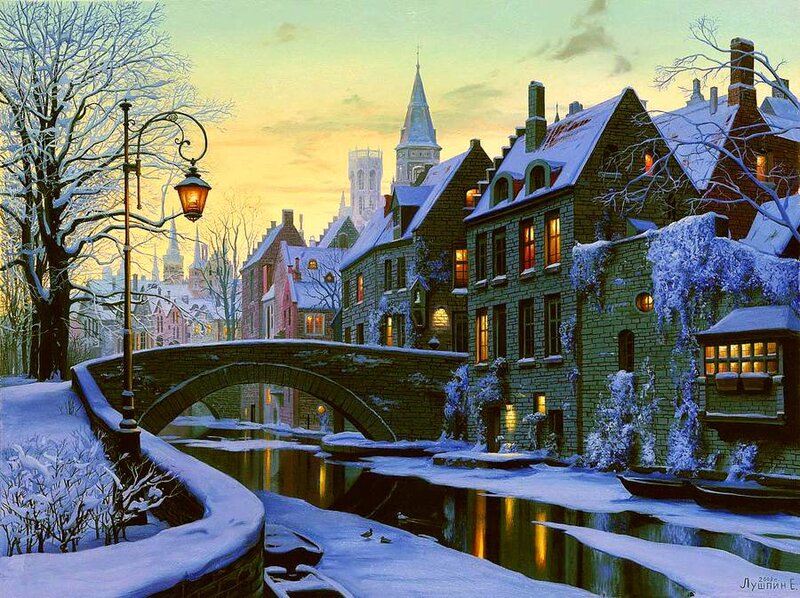 Snow-covered Canal Town — White