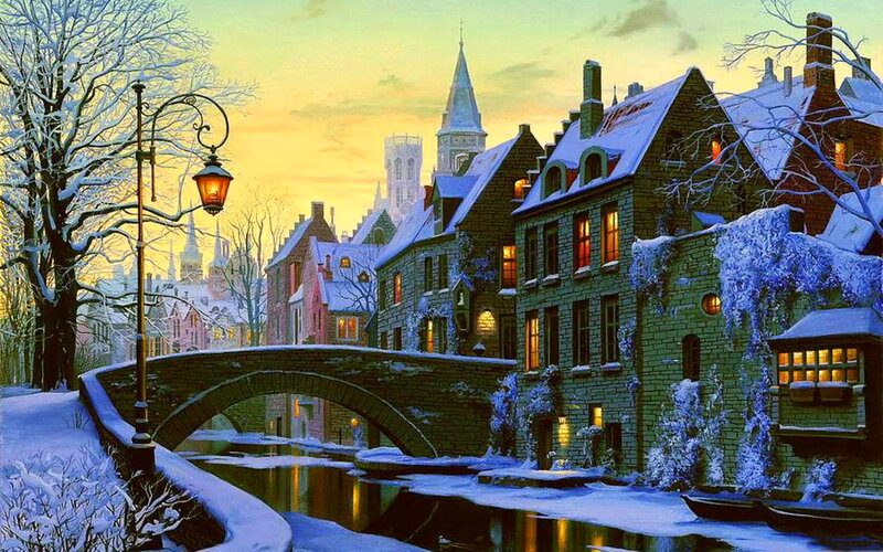 Snow-covered Canal Town — Yellow, Serene