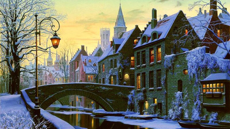 Snow-covered Canal Town — Yellow
