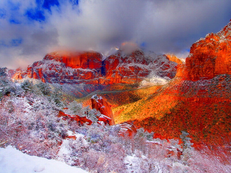 Snow-covered Canyon — Red, Dramatic