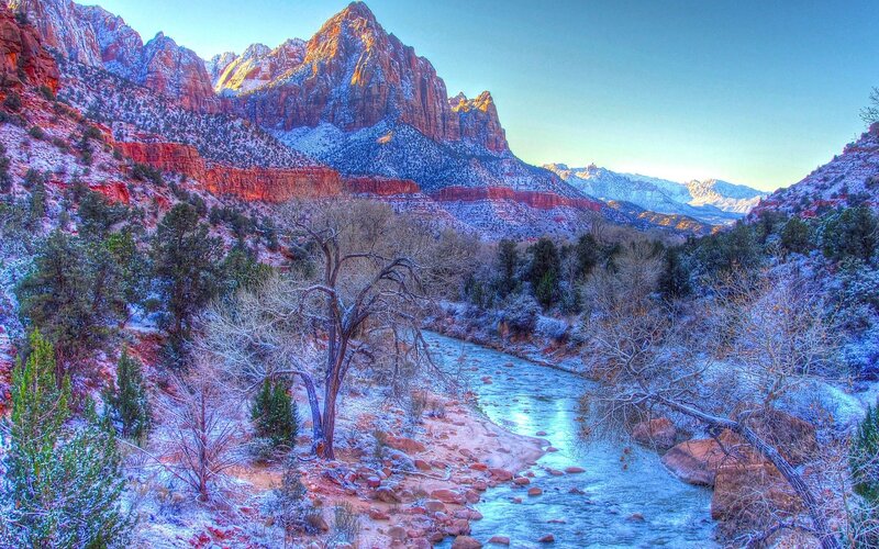 Snow-covered Canyon River — Red