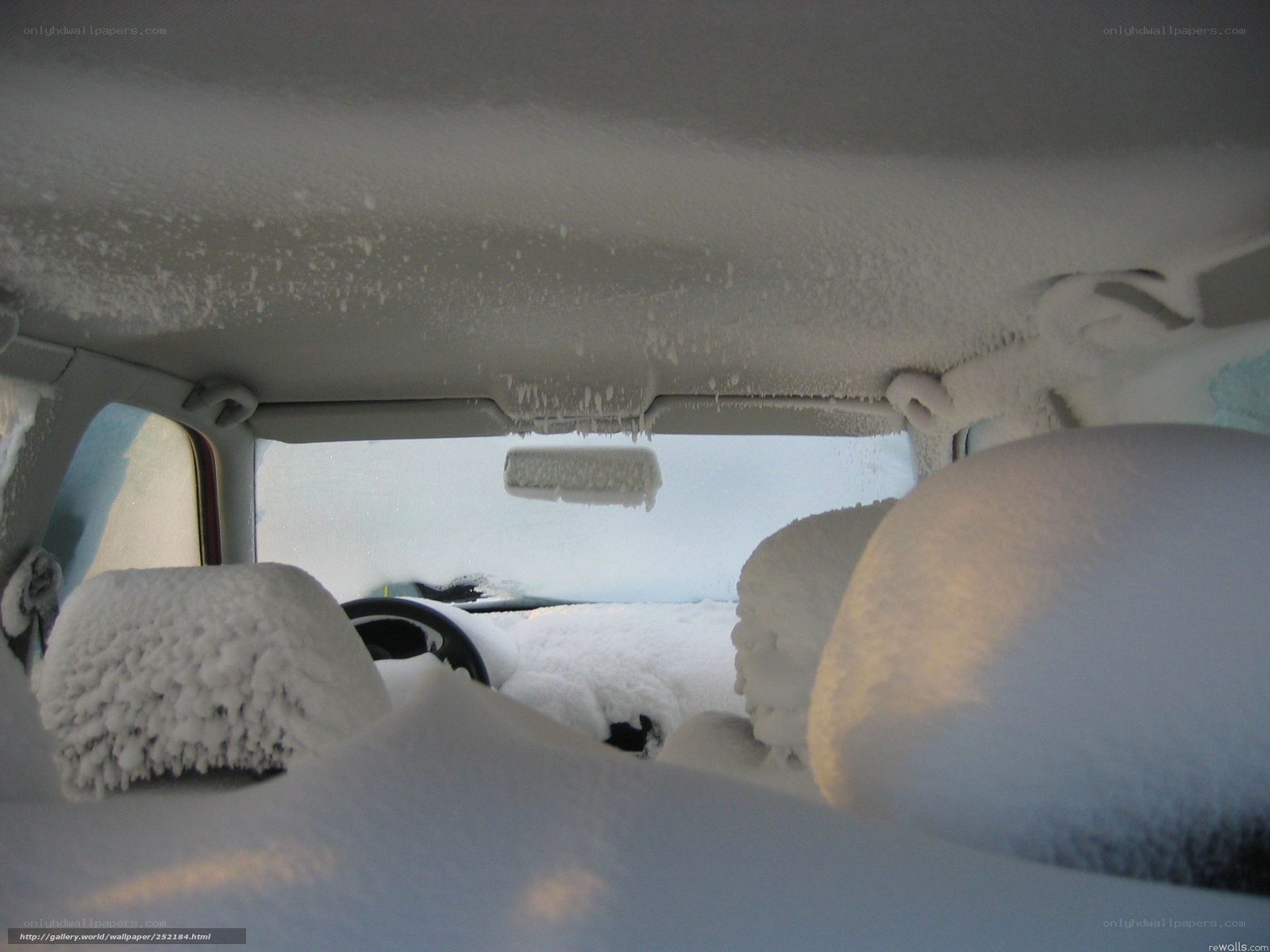 snow-covered car interior