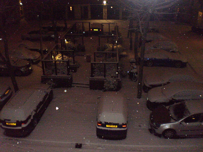 Snow-covered Cars at Night