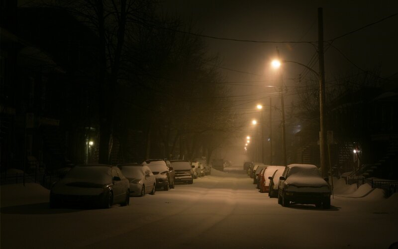 Snow-covered Cars on Street — Black