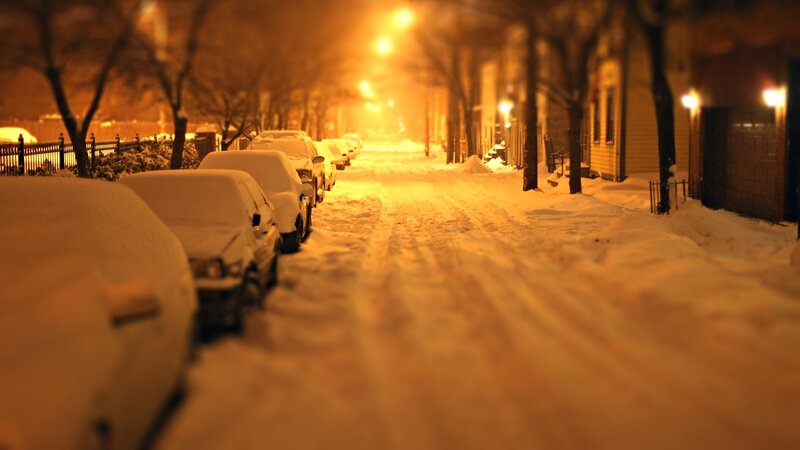 Snow-covered Cars on Street — Orange