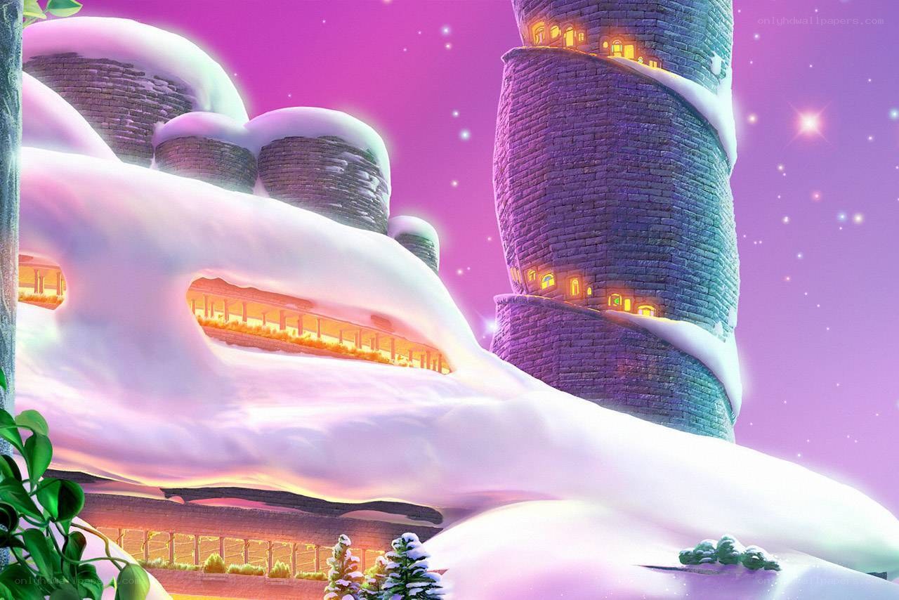snow-covered castle at night