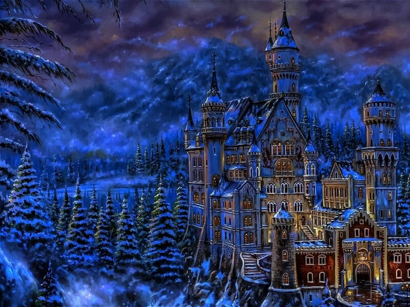 Snow-covered Castle — Blue, Dramatic, Night, Digital Art