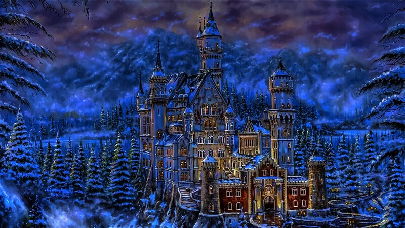 Snow-covered Castle — Blue, Dramatic, Night