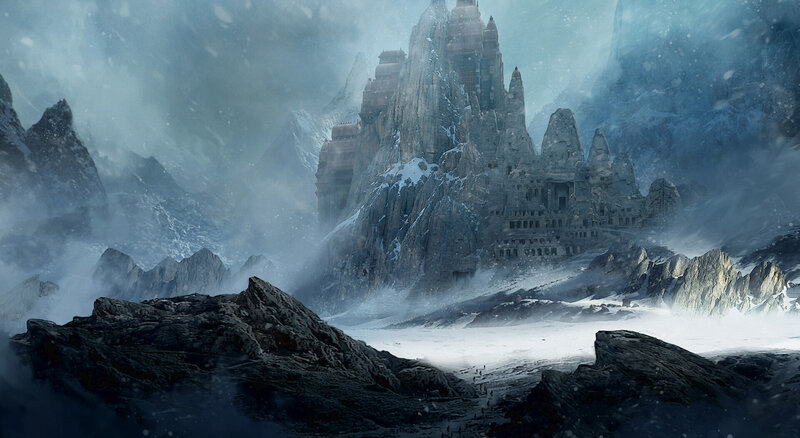Snow-covered Castle — Blue, Dramatic, Winter, Digital Art, Mountains, Snowstorm