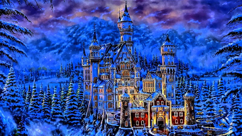 Snow-covered Castle — Blue, Dramatic, Winter, Digital Art, Mountains