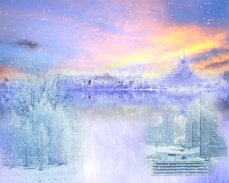 Snow-covered Castle — Blue, Serene, Winter, Digital Art, Lake