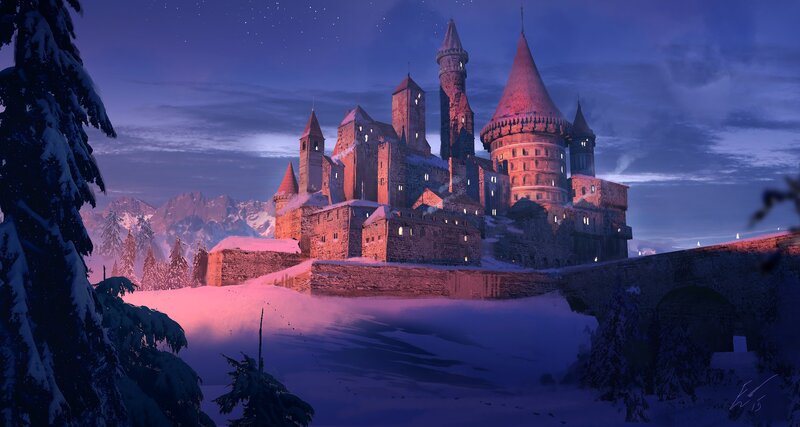 Snow-covered Castle — Blue, Serene, Winter, Digital Art, Mountains