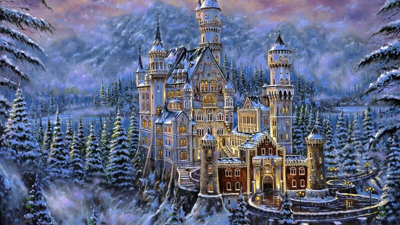 Snow-covered Castle — Blue, Serene, Winter, Painting