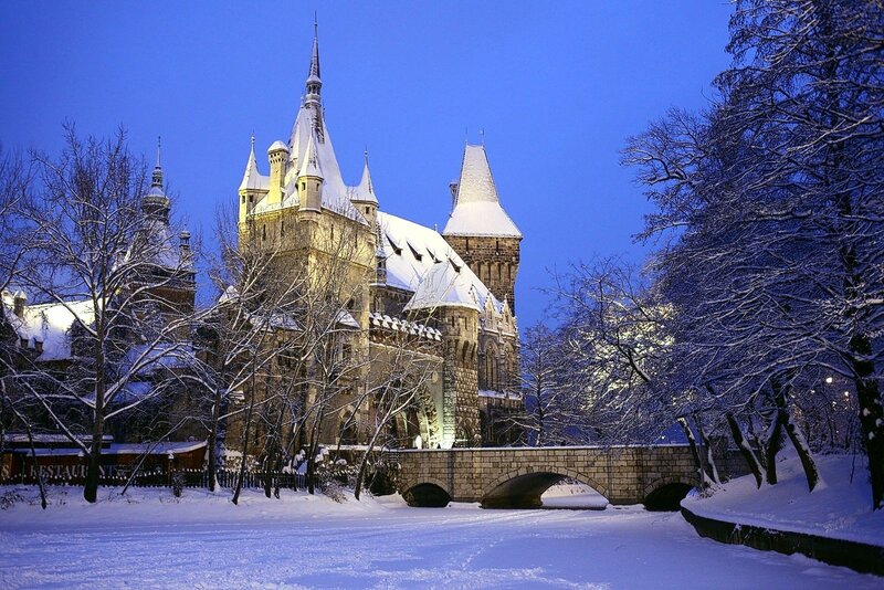 Snow-covered Castle — Blue, Serene, Winter, Photograph, Trees, Bridge
