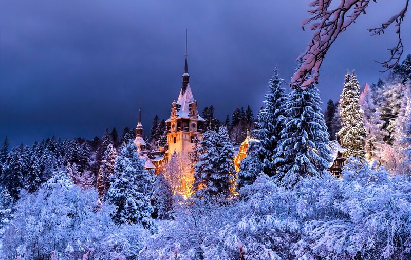 Snow-covered Castle — Blue, Serene, Winter, Photograph, Trees, Forest