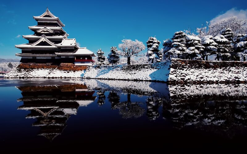 Snow-covered Castle — Blue, Serene, Winter, Photograph, Trees, Moat