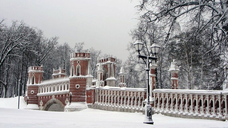Snow-covered castle bridge