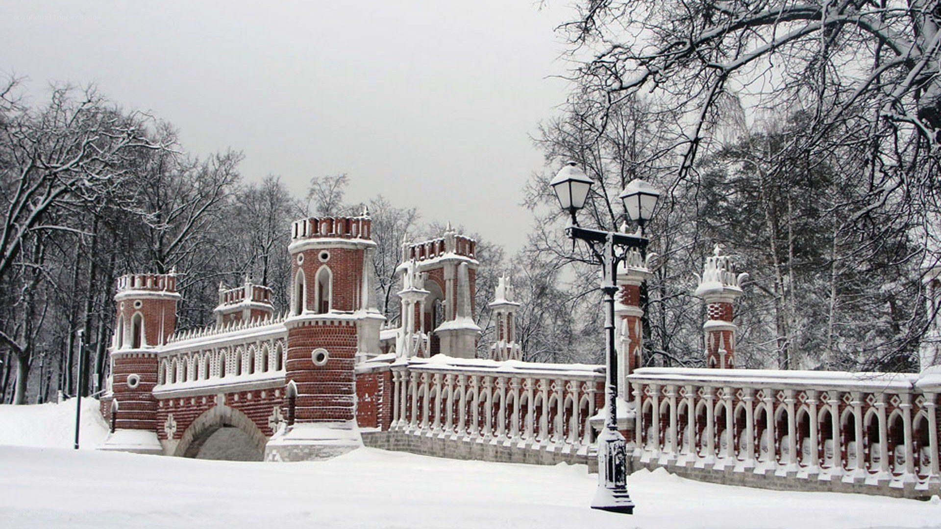 Snow-covered castle bridge