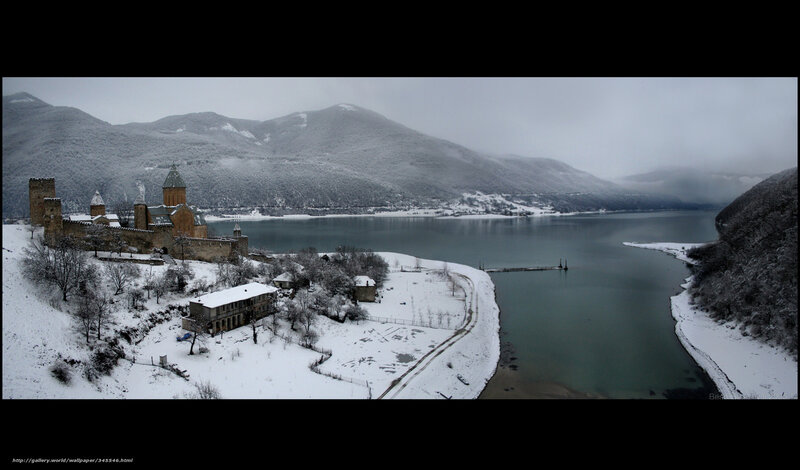 Snow-covered Castle by Lake — White
