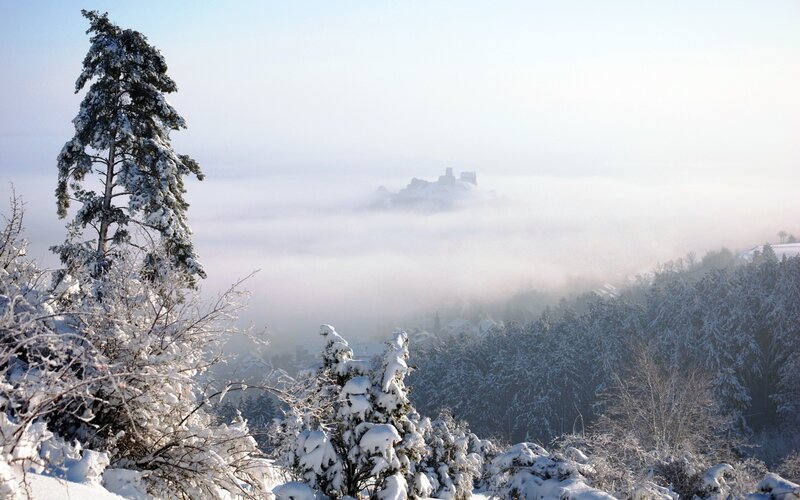 Snow-covered Castle in Fog