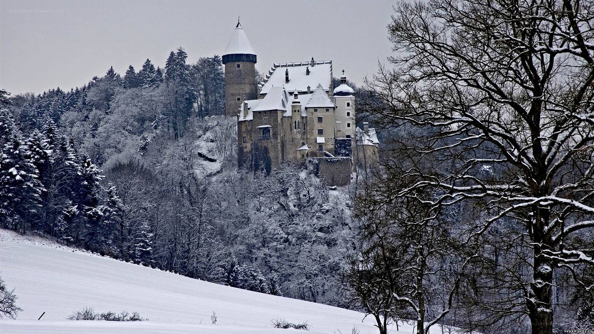 snow-covered castle in winter