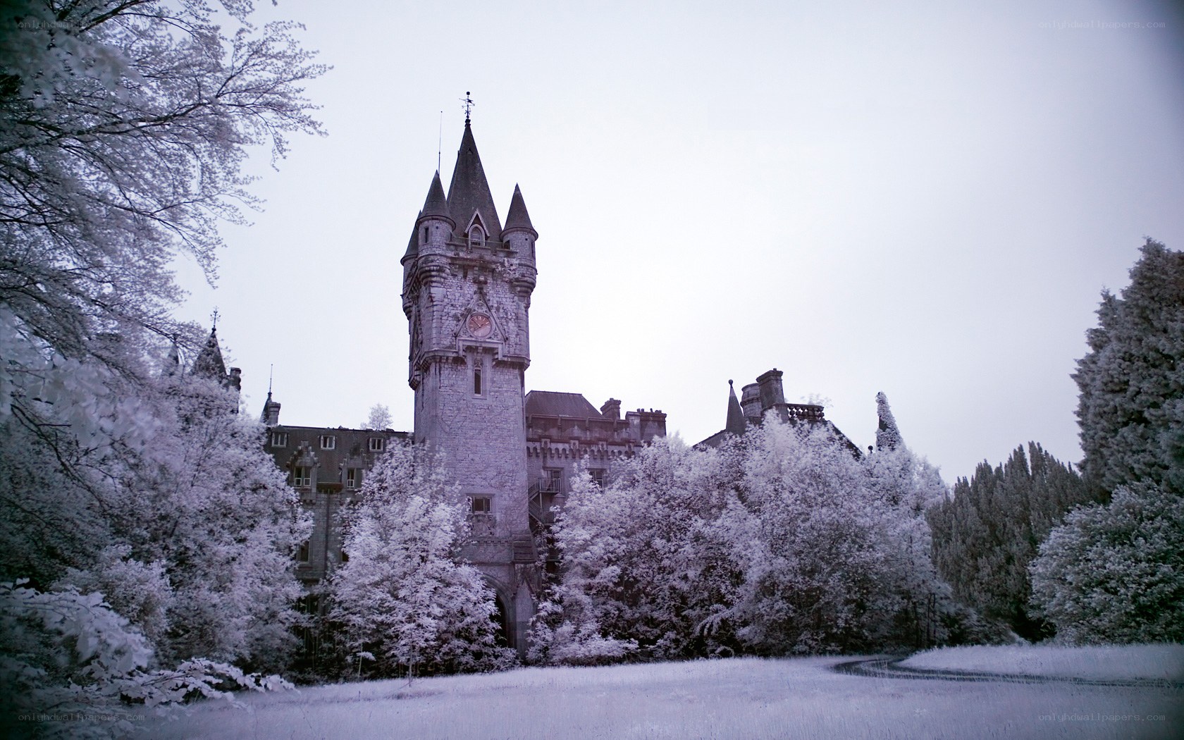 snow-covered castle in winter
