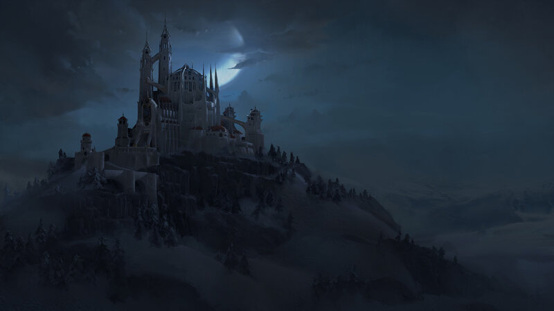 Snow-covered Castle on Hill — Blue, Dramatic