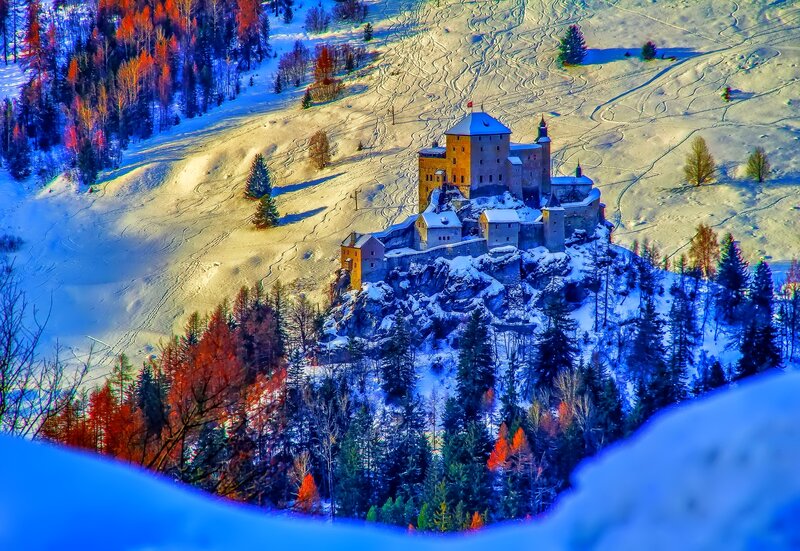 Snow-covered Castle on Hill