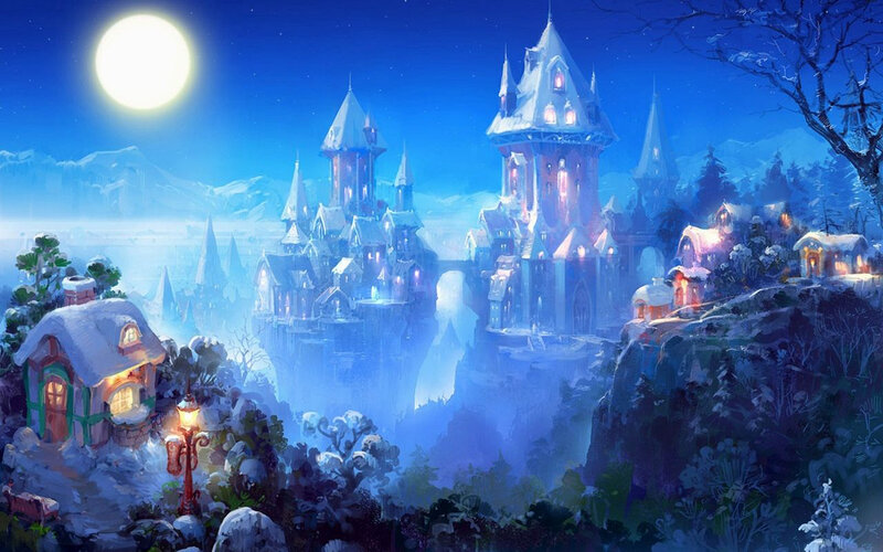 Snow-covered Castle Village — Blue, Serene