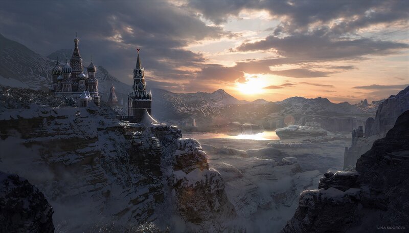 Snow-covered Castle — White, Dramatic, Sunset, Digital Art