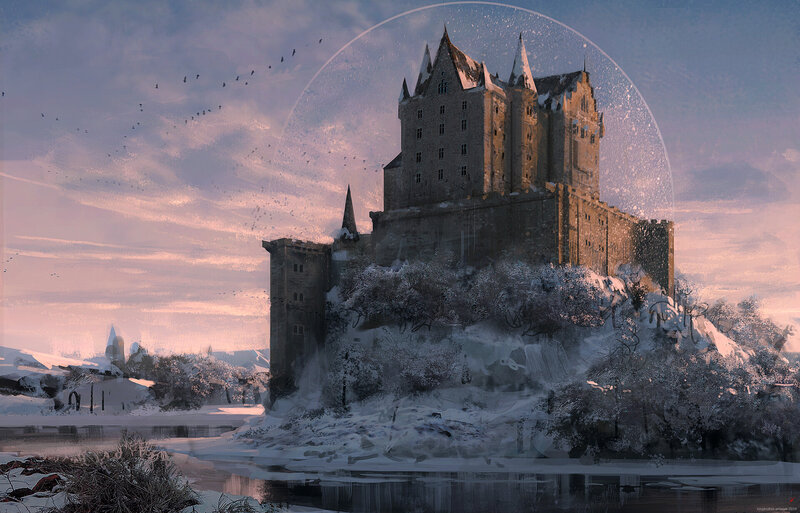 Snow-covered Castle — White, Dramatic, Winter, Digital Art, River