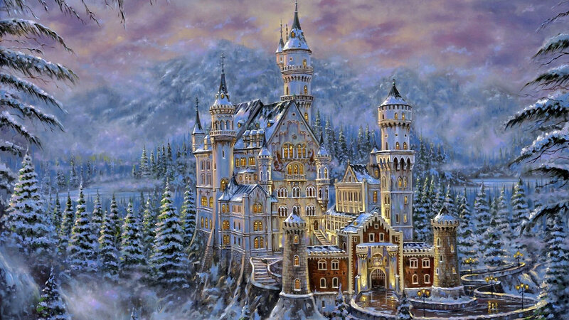Snow-covered Castle — White, Serene, Winter, Painting, Trees
