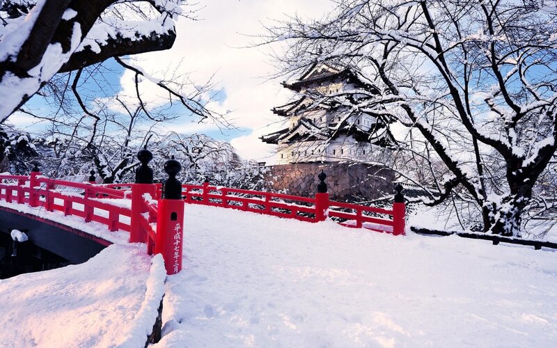 Snow-covered Castle — White, Serene, Winter, Photograph, Bridge