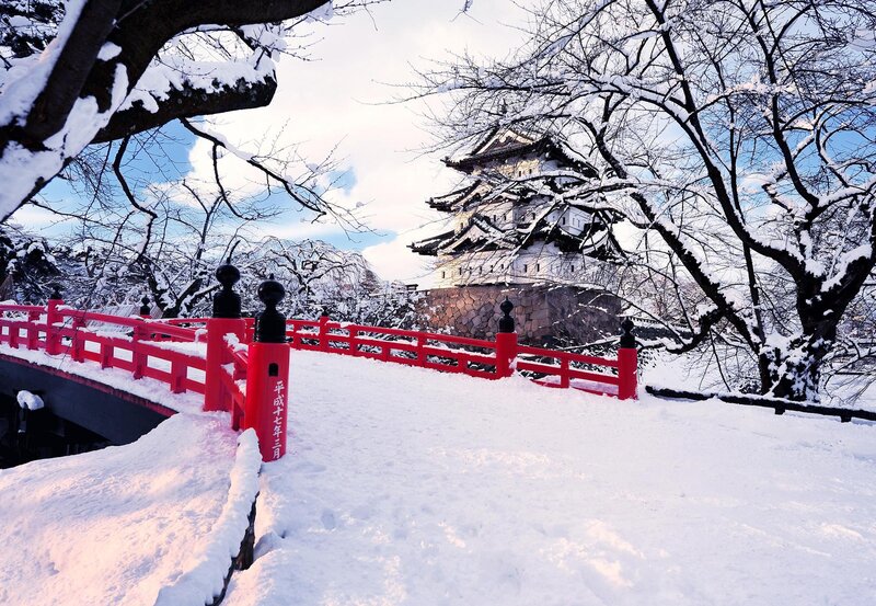 Snow-covered Castle — White, Serene, Winter, Photograph, Bridge, Trees