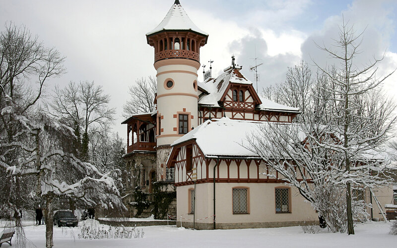 Snow-covered Castle — White, Serene, Winter, Photograph, Trees, Tower